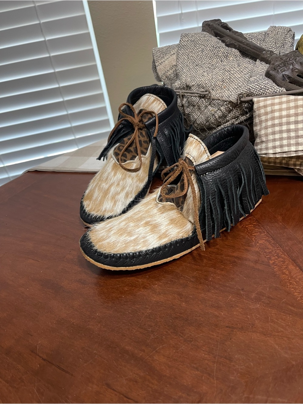 handcrafted leather moccasins fringe leopard-print hair-on-hide